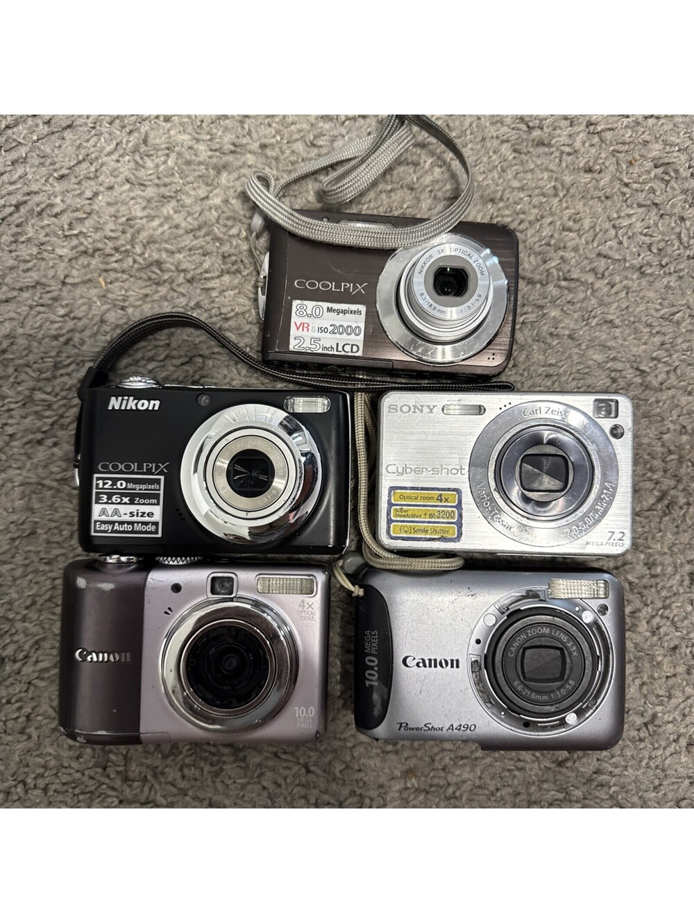 Lot of 5 For Parts Digital Cameras Nikon Sony Canon Tested Not Working